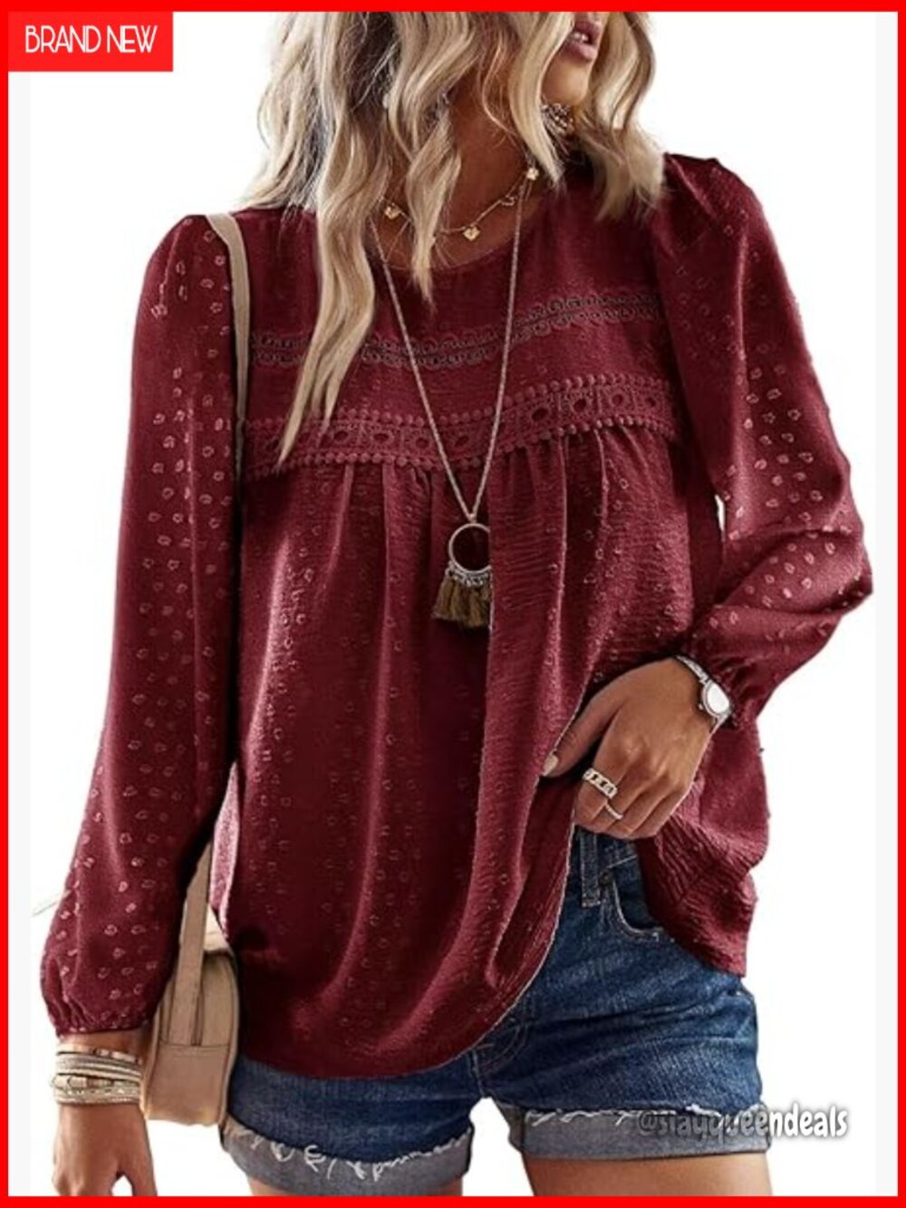 Long Sleeve Crewneck Blouse with Lace Hem, Boho Style, Polyester